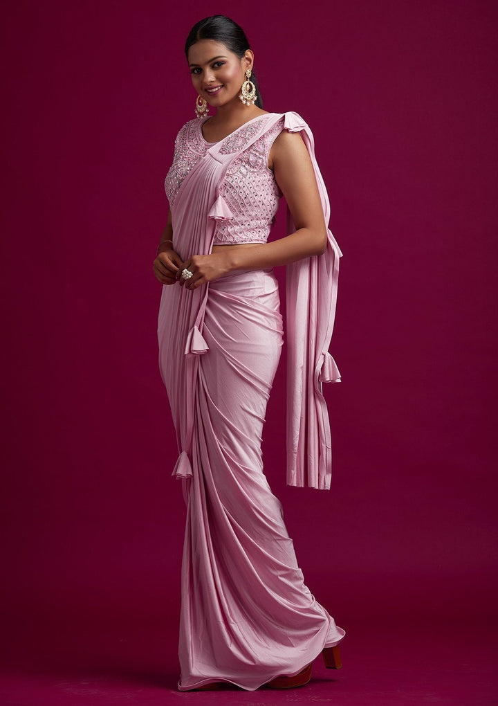 Baby Pink Sequins Lycra Designer Saree - koskii