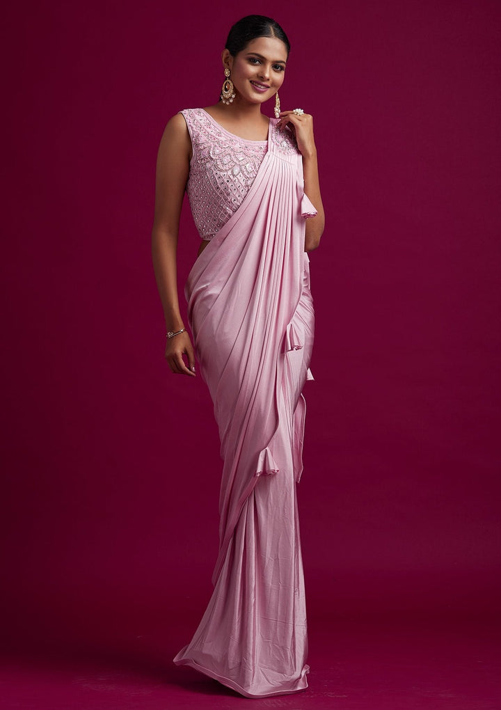 Baby Pink Sequins Lycra Designer Saree - koskii