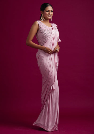 Baby Pink Sequins Lycra Designer Saree - koskii