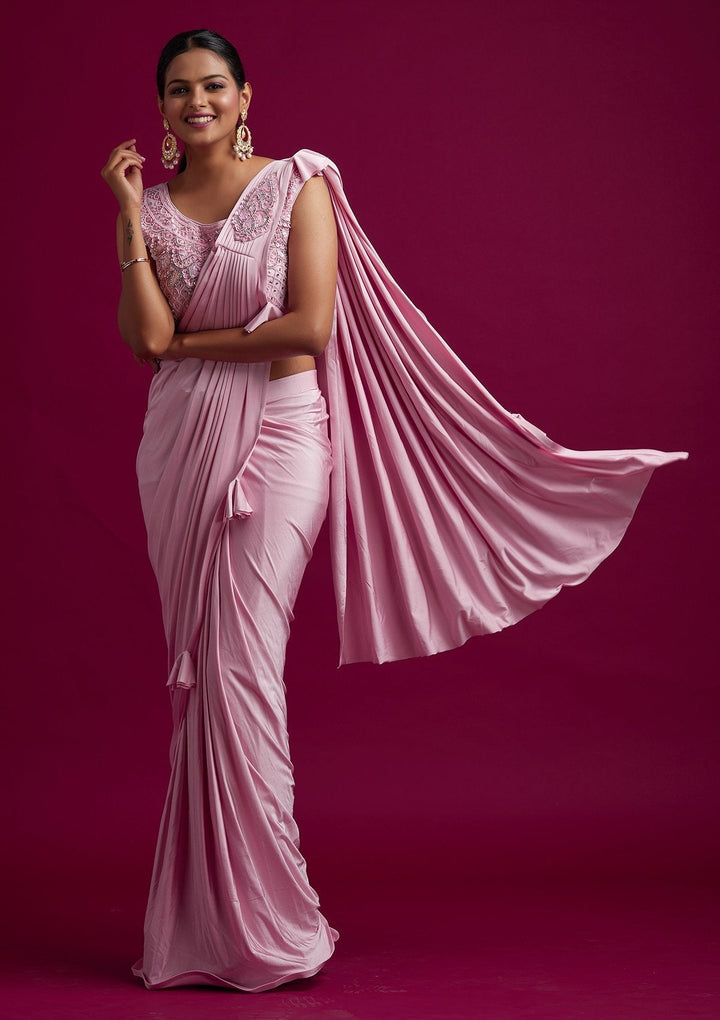 Baby Pink Sequins Lycra Designer Saree - koskii
