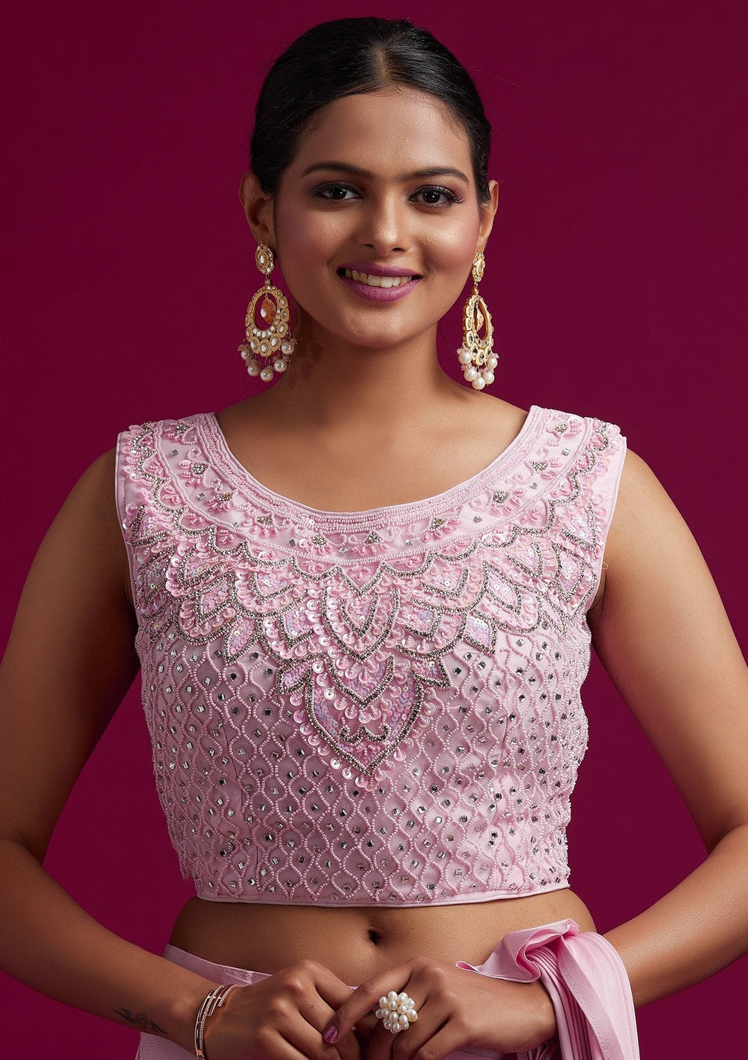 Baby Pink Sequins Lycra Designer Saree - koskii