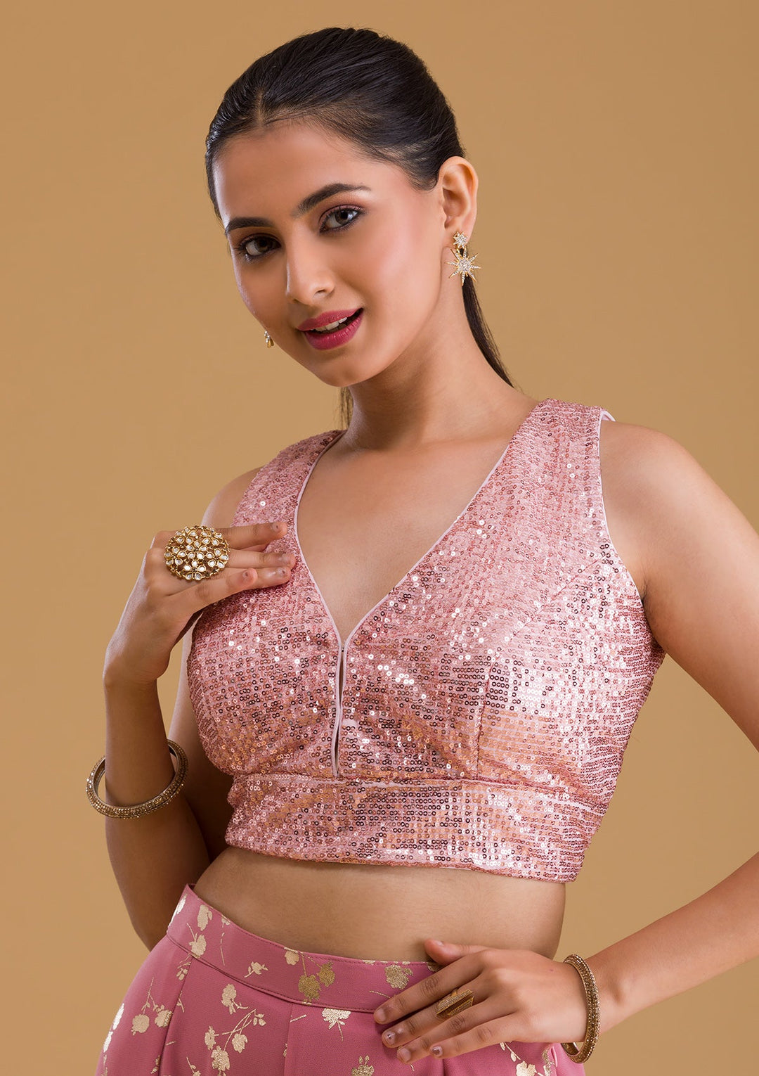 Baby Pink Sequins Net Blouse-Koskii