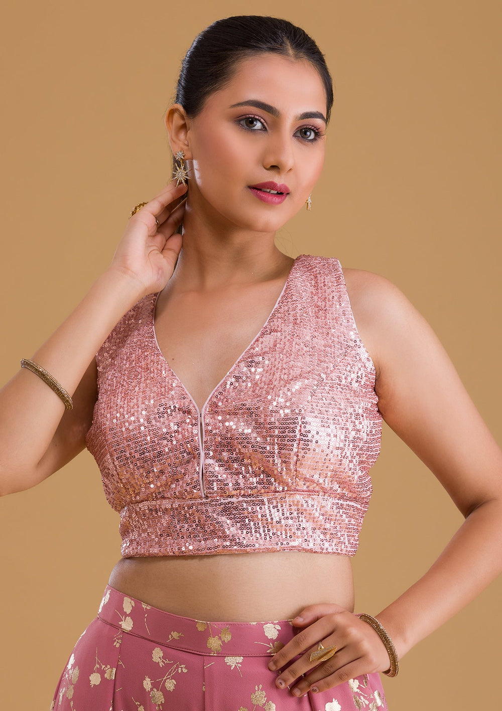 Baby Pink Sequins Net Blouse-Koskii