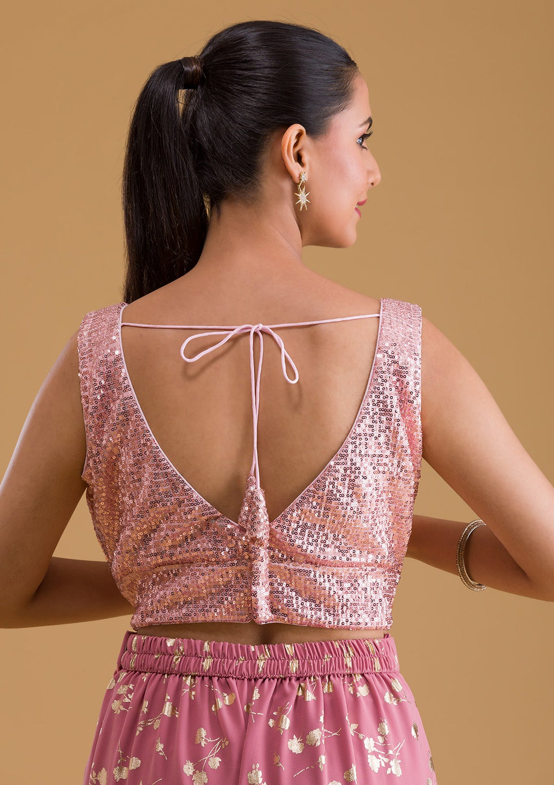Baby Pink Sequins Net Blouse-Koskii