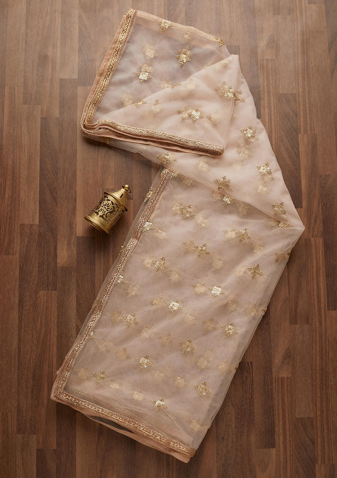 Baby Pink Sequins Net Readymade Dupatta- Koskii