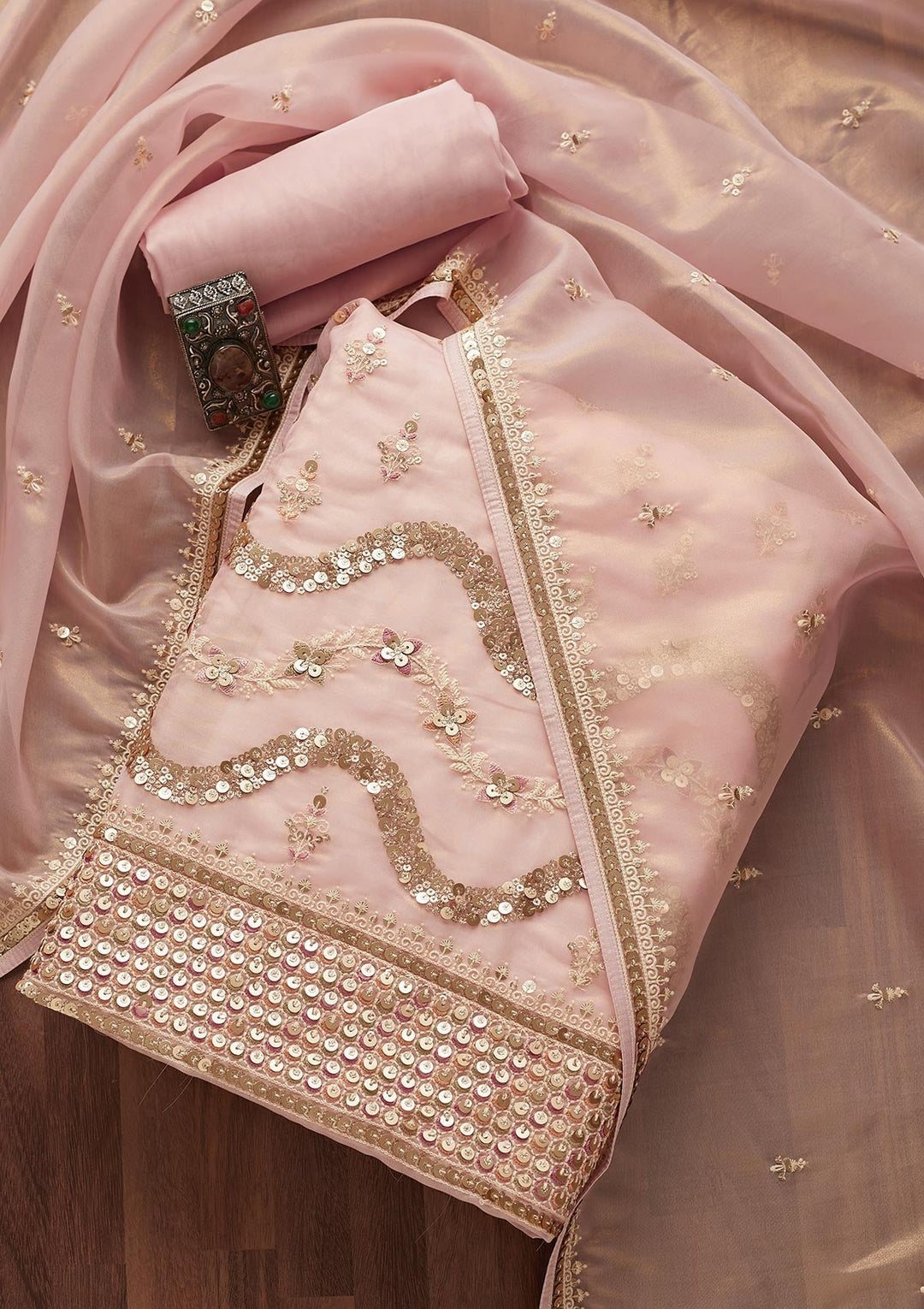 Baby Pink Sequins Organza Unstitched Salwar Suit-Koskii