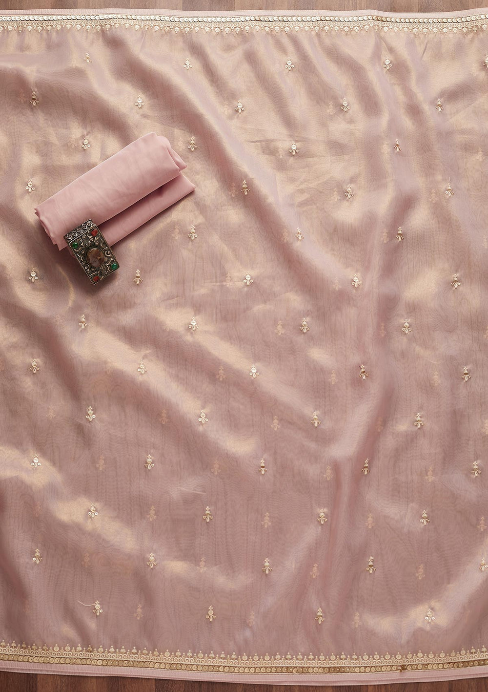 Baby Pink Sequins Organza Unstitched Salwar Suit-Koskii
