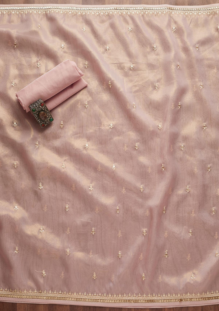 Baby Pink Sequins Organza Unstitched Salwar Suit-Koskii