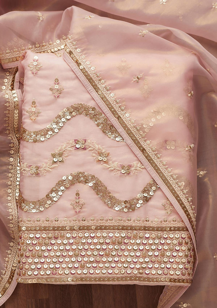 Baby Pink Sequins Organza Unstitched Salwar Suit-Koskii