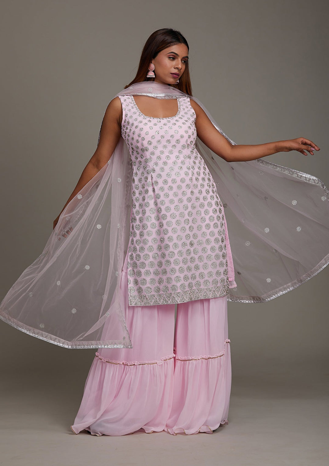 Baby Pink Silver Stonework Georgette Salwar Suit-Koskii