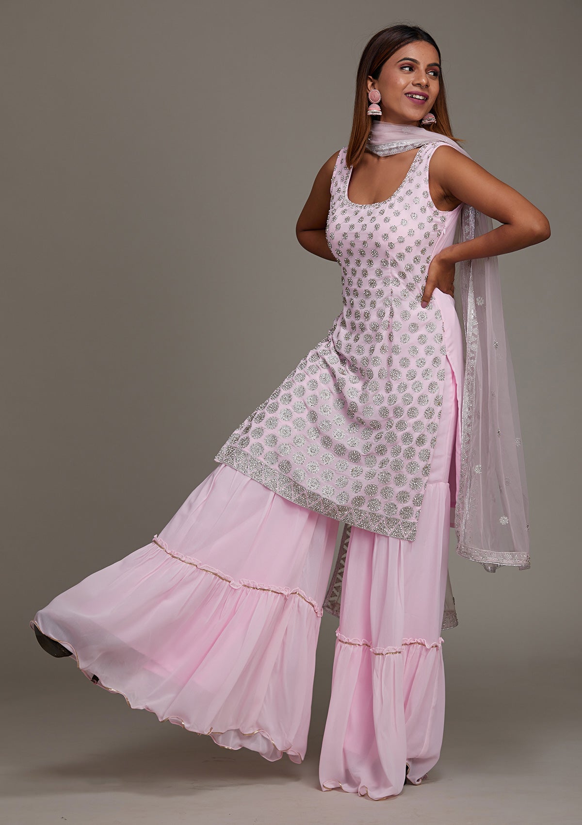 Baby Pink Silver Stonework Georgette Salwar Suit-Koskii