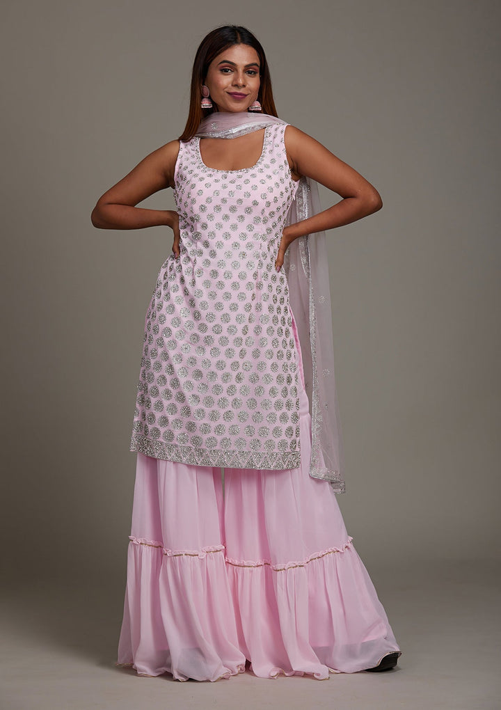 Baby Pink Silver Stonework Georgette Salwar Suit-Koskii
