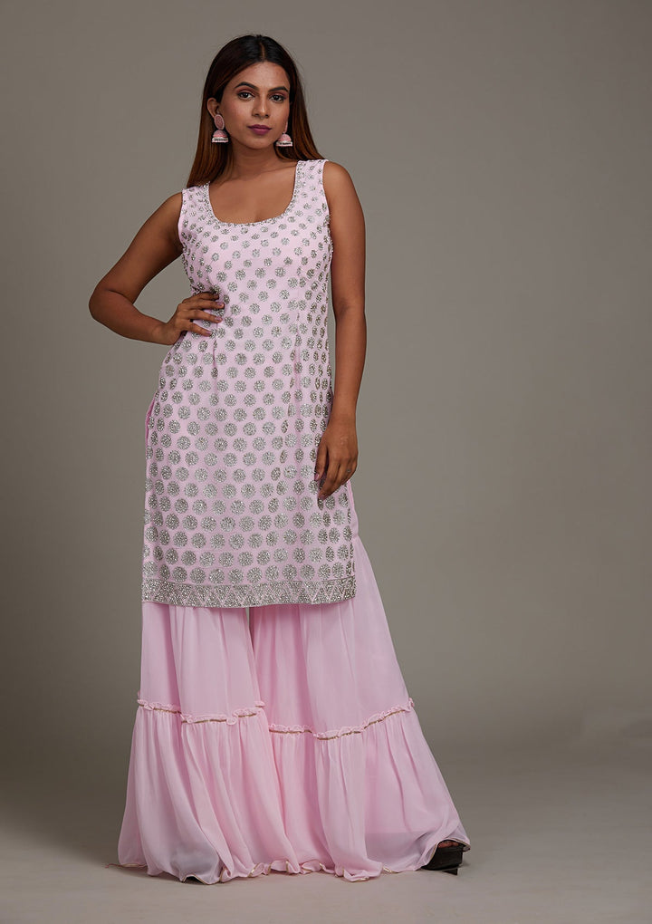 Baby Pink Silver Stonework Georgette Salwar Suit-Koskii