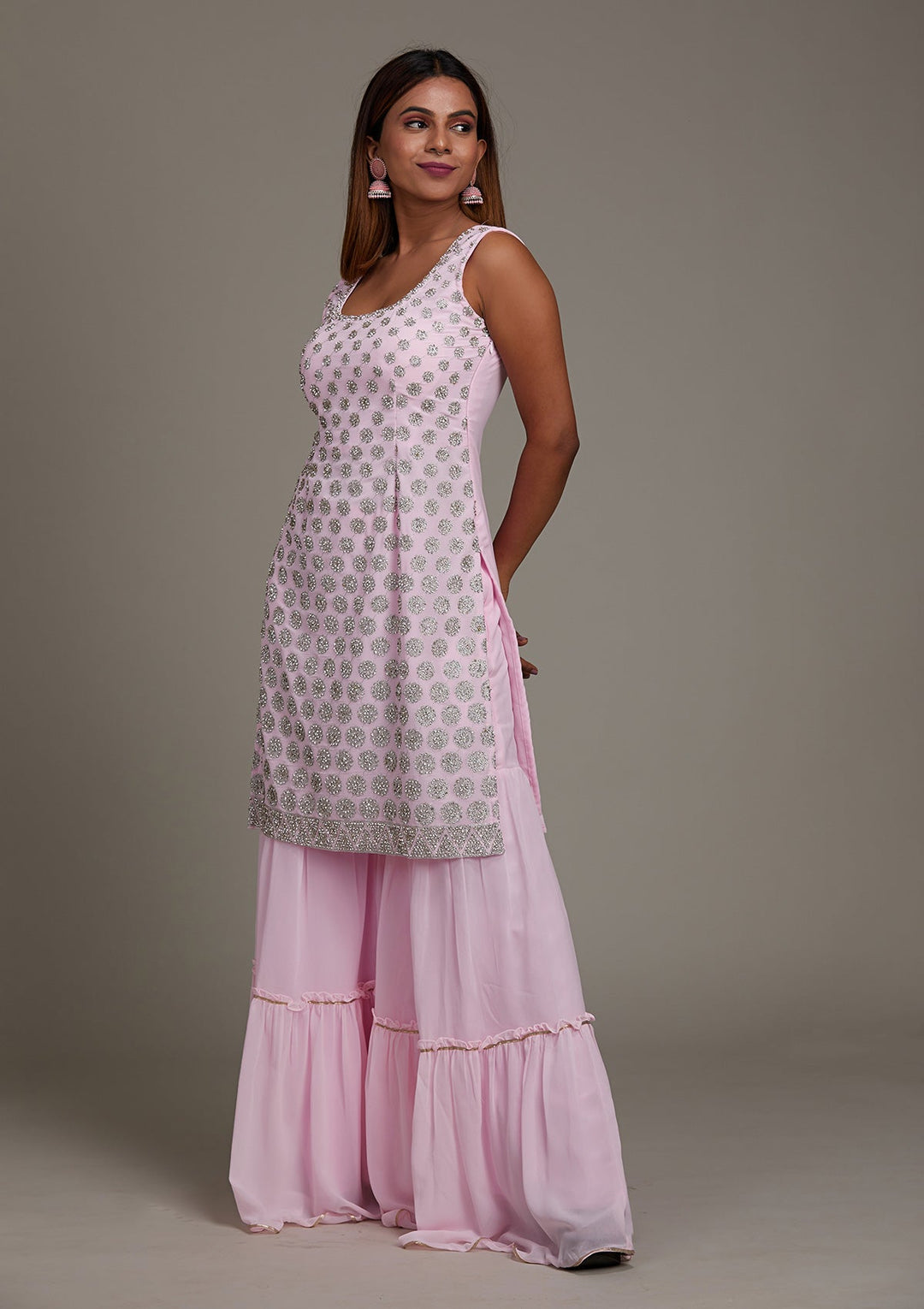 Baby Pink Silver Stonework Georgette Salwar Suit-Koskii