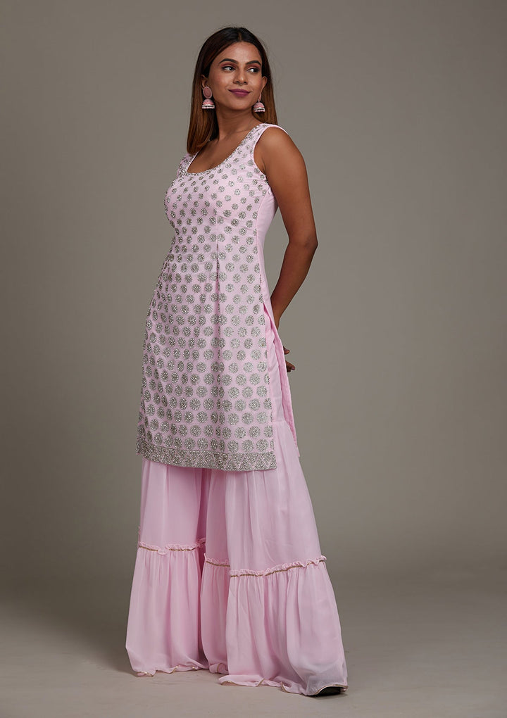 Baby Pink Silver Stonework Georgette Salwar Suit-Koskii