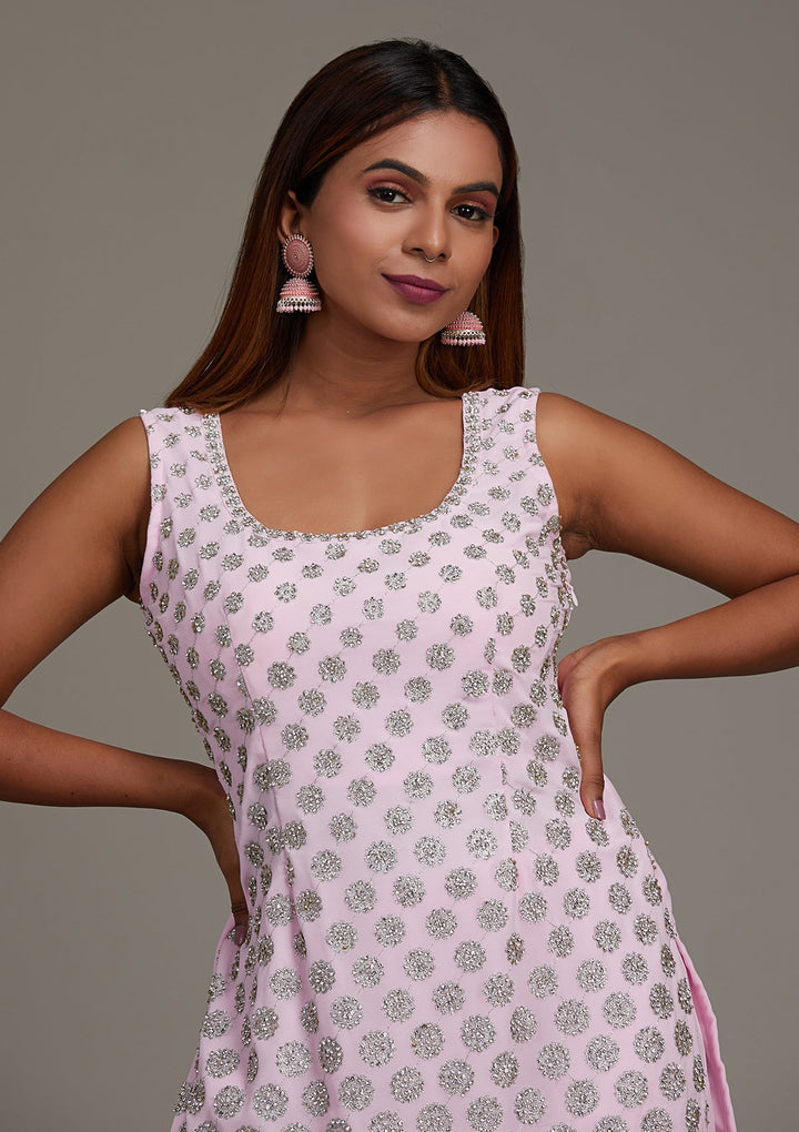 Baby Pink Silver Stonework Georgette Salwar Suit-Koskii