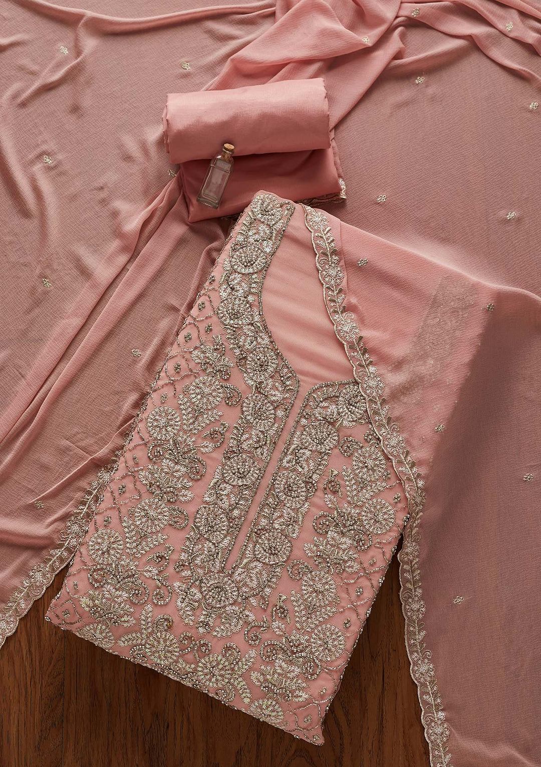 Baby Pink Silver Stonework Georgette Designer Semi-Stitched Salwar Suit - Koskii