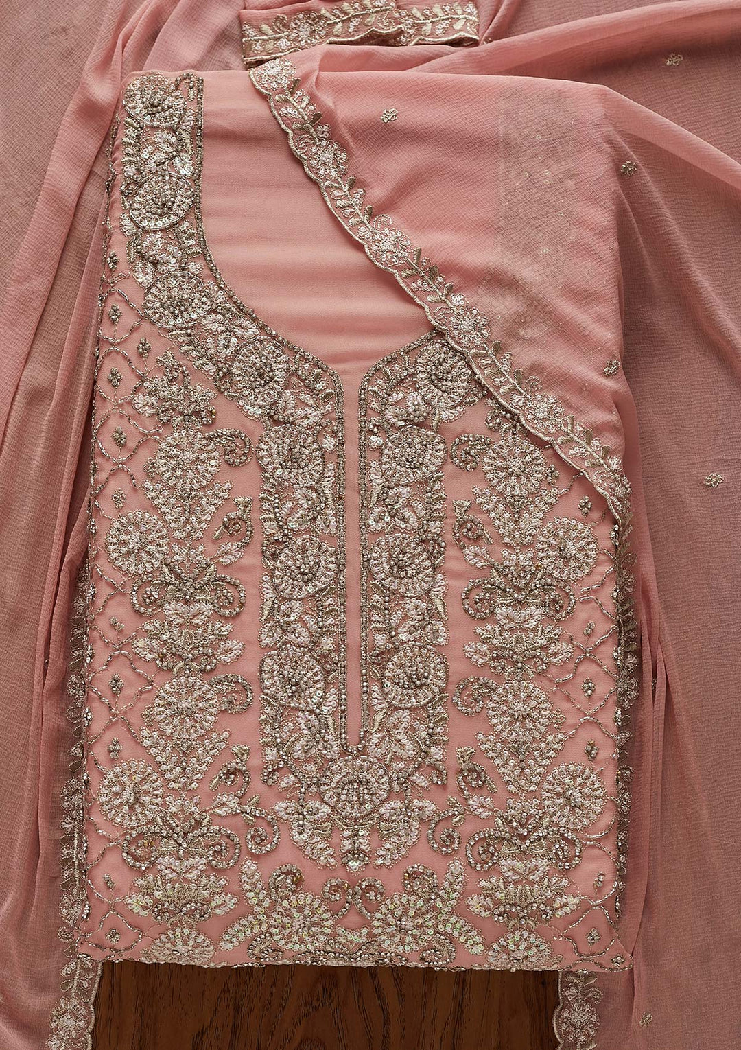 Baby Pink Silver Stonework Georgette Designer Semi-Stitched Salwar Suit - Koskii