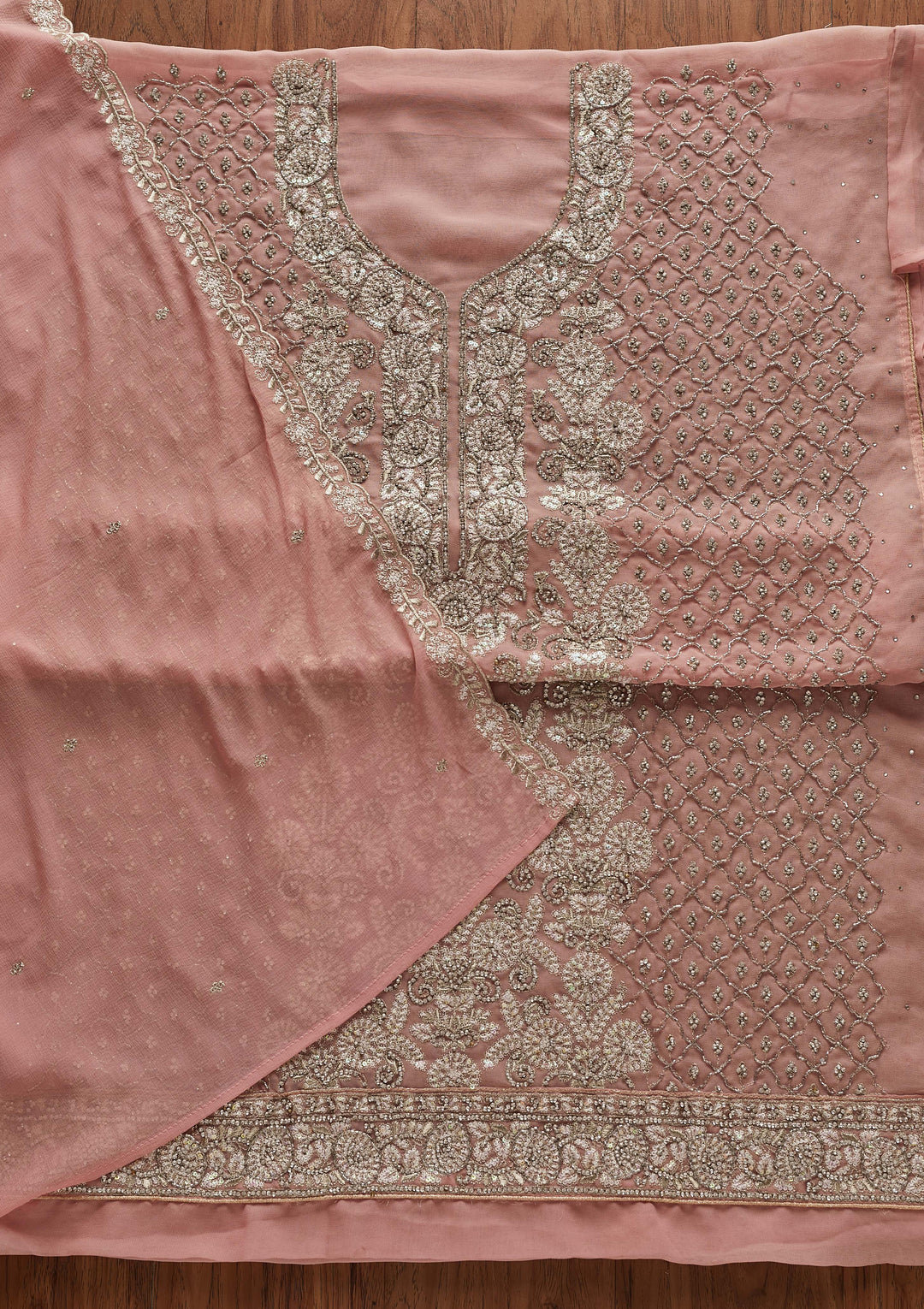 Baby Pink Silver Stonework Georgette Designer Semi-Stitched Salwar Suit - Koskii