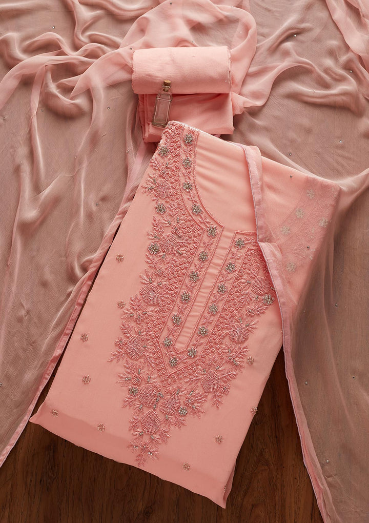 Baby Pink Silver Stonework Georgette Designer Unstitched Salwar Suit - koskii