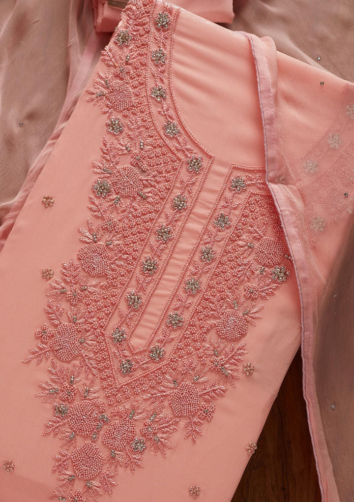 Baby Pink Silver Stonework Georgette Designer Unstitched Salwar Suit - koskii