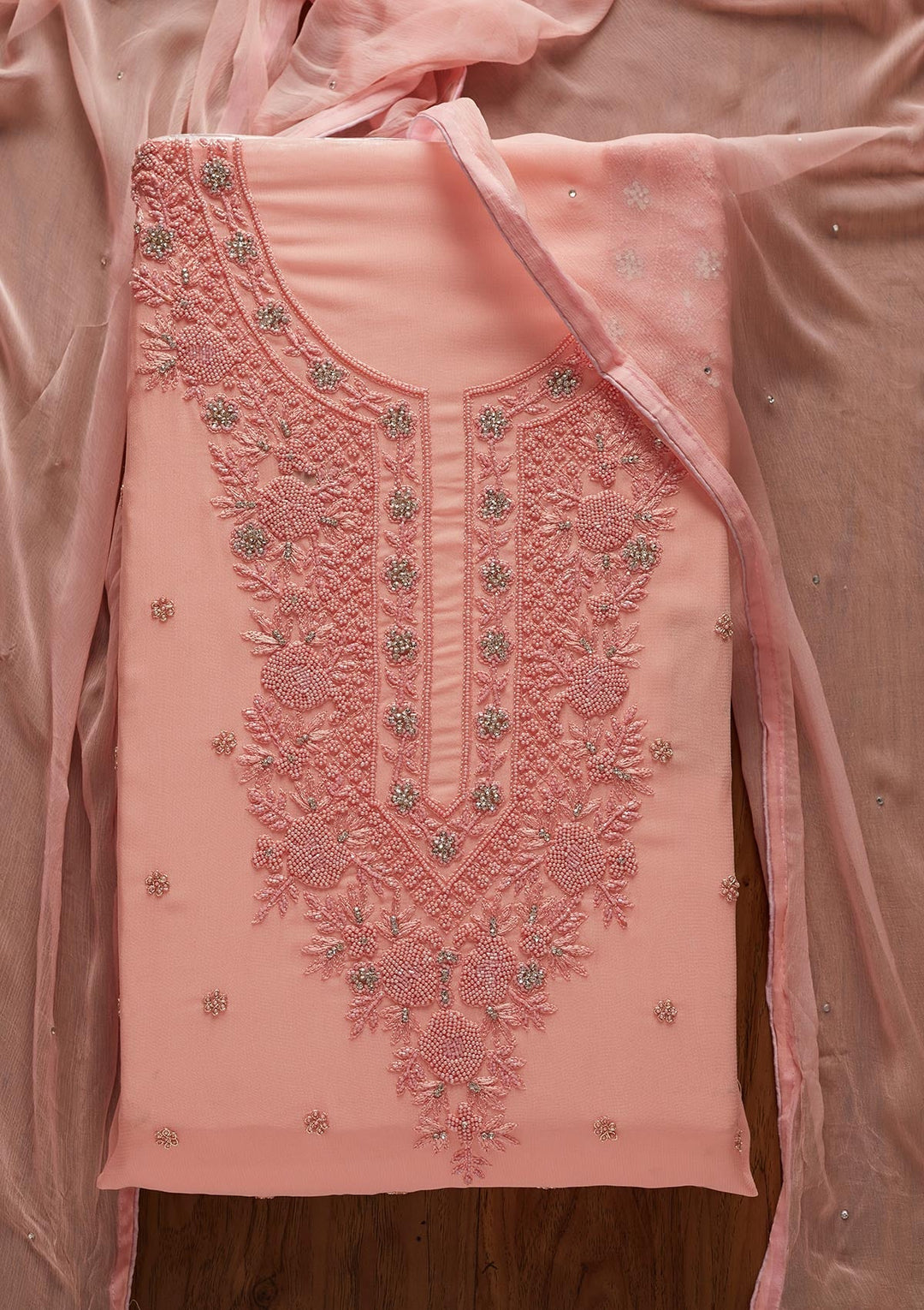 Baby Pink Silver Stonework Georgette Designer Unstitched Salwar Suit - koskii