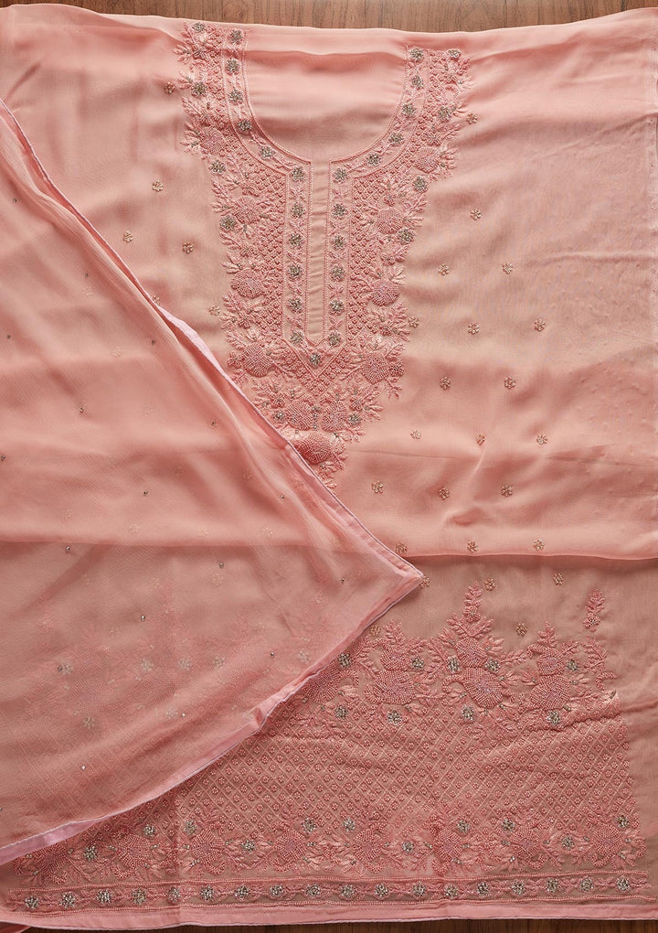 Baby Pink Silver Stonework Georgette Designer Unstitched Salwar Suit - koskii