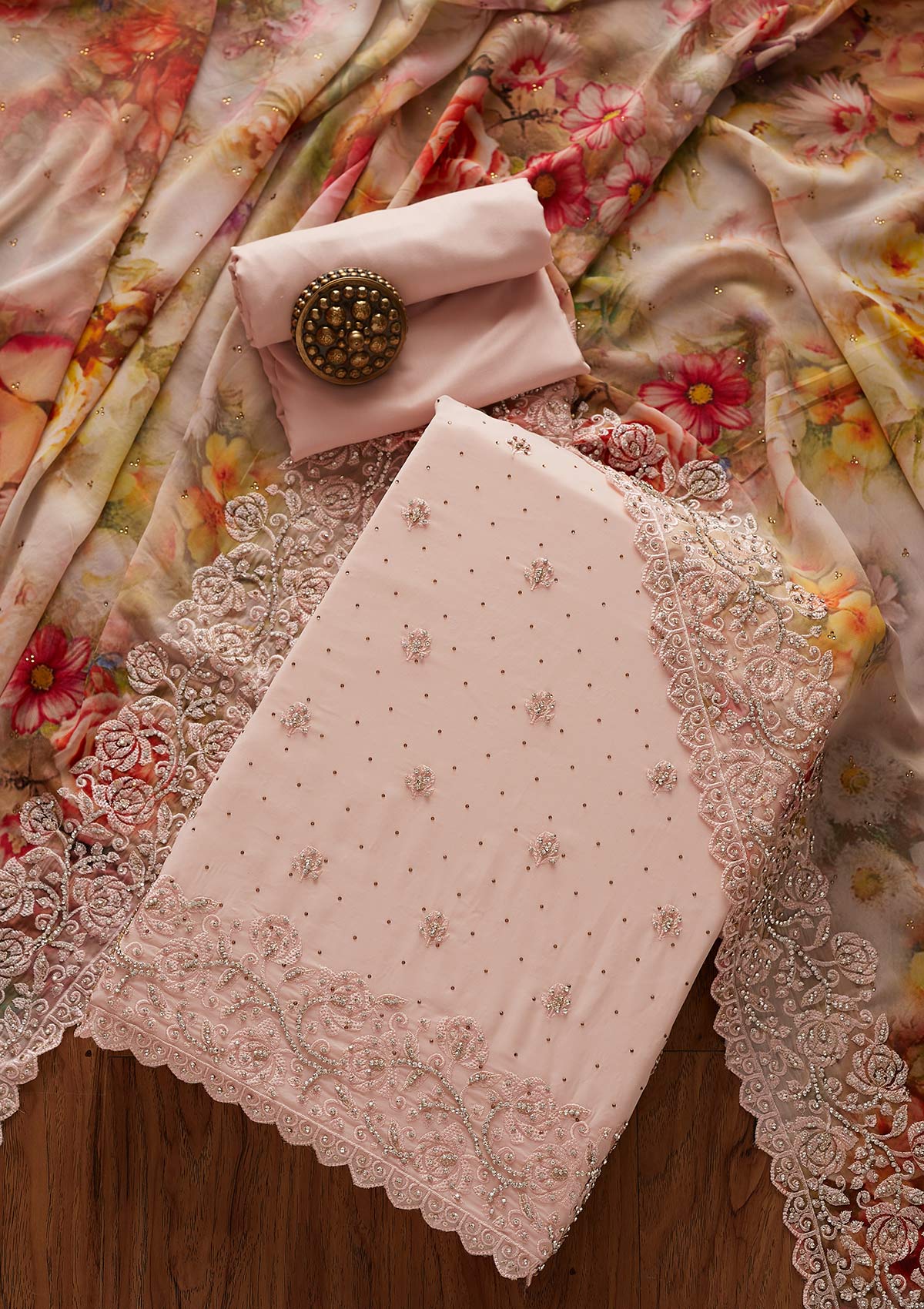 Baby Pink Silver Stonework Georgette Designer Unstitched Salwar Suit - koskii