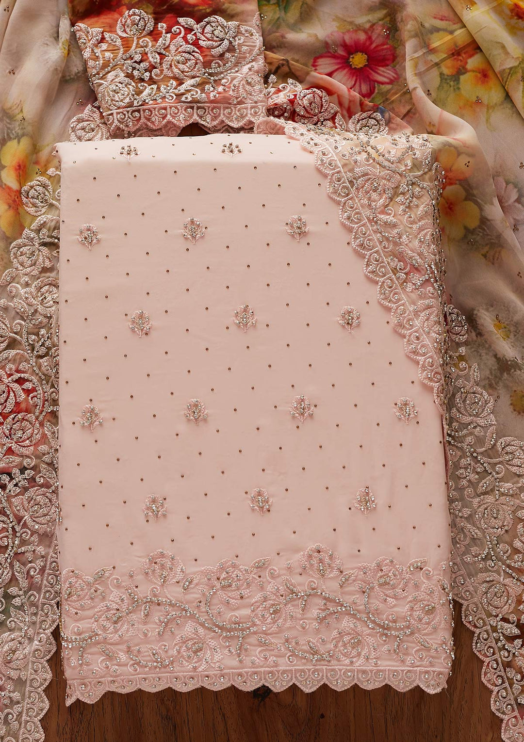 Baby Pink Silver Stonework Georgette Designer Unstitched Salwar Suit - koskii
