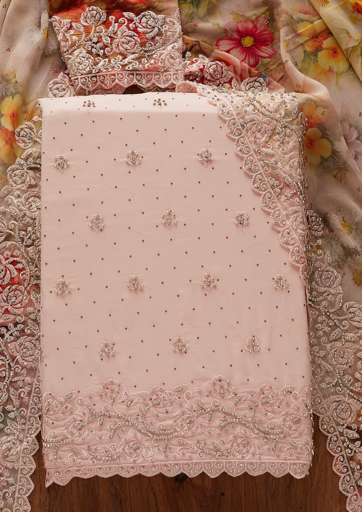 Baby Pink Silver Stonework Georgette Designer Unstitched Salwar Suit - koskii