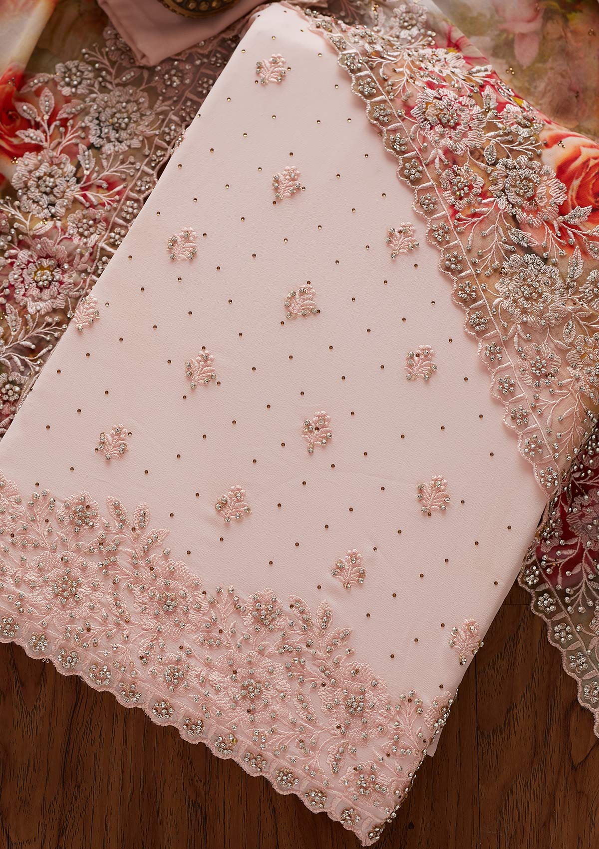 Baby Pink Silver Stonework Georgette Designer Unstitched Salwar Suit - koskii