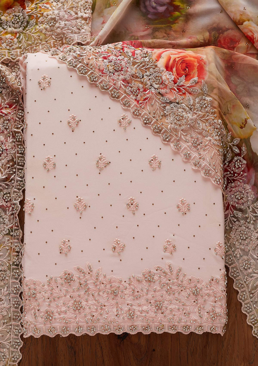 Baby Pink Silver Stonework Georgette Designer Unstitched Salwar Suit - koskii