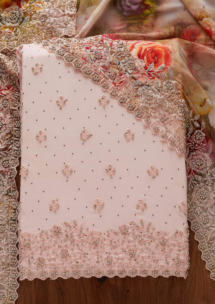 Baby Pink Silver Stonework Georgette Designer Unstitched Salwar Suit - koskii