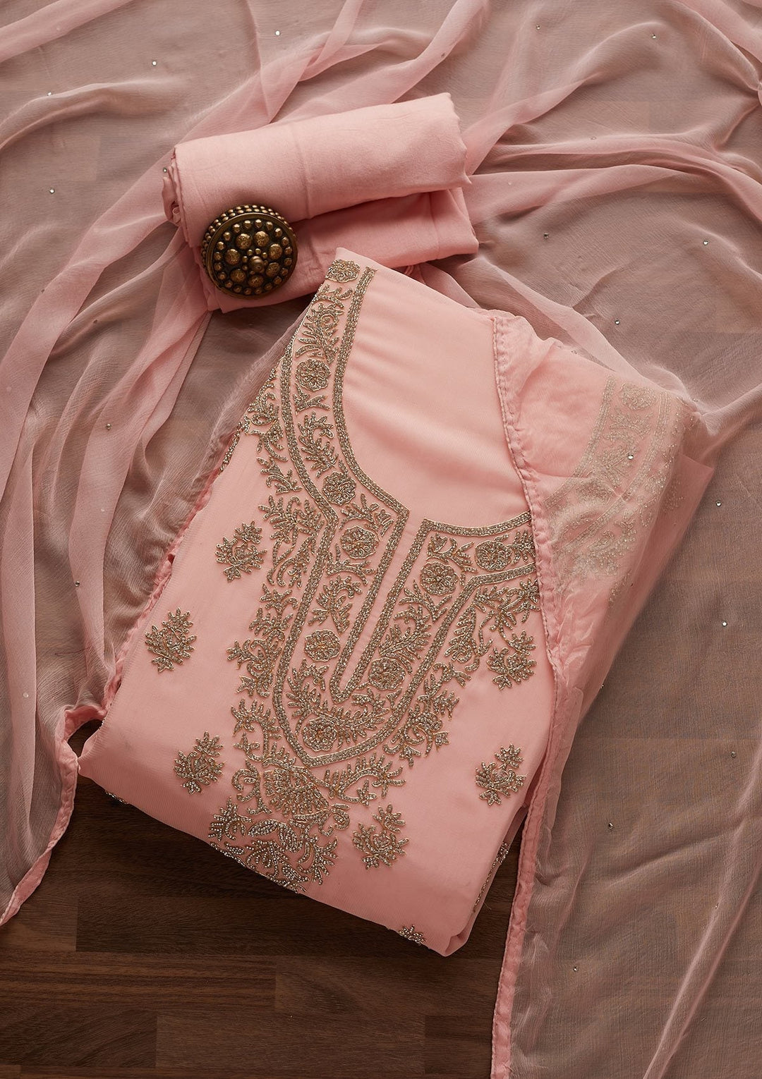 Baby Pink Silver Stonework Georgette Unstitched Salwar Suit - Koskii