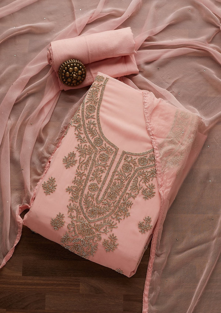 Baby Pink Silver Stonework Georgette Unstitched Salwar Suit - Koskii