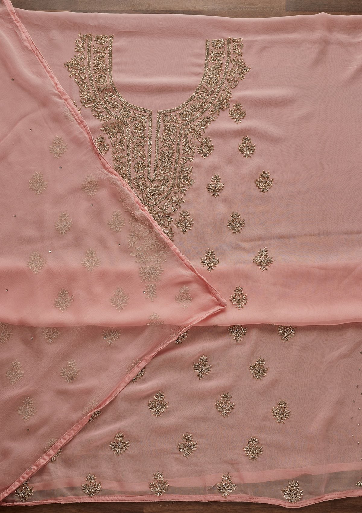 Baby Pink Silver Stonework Georgette Unstitched Salwar Suit - Koskii