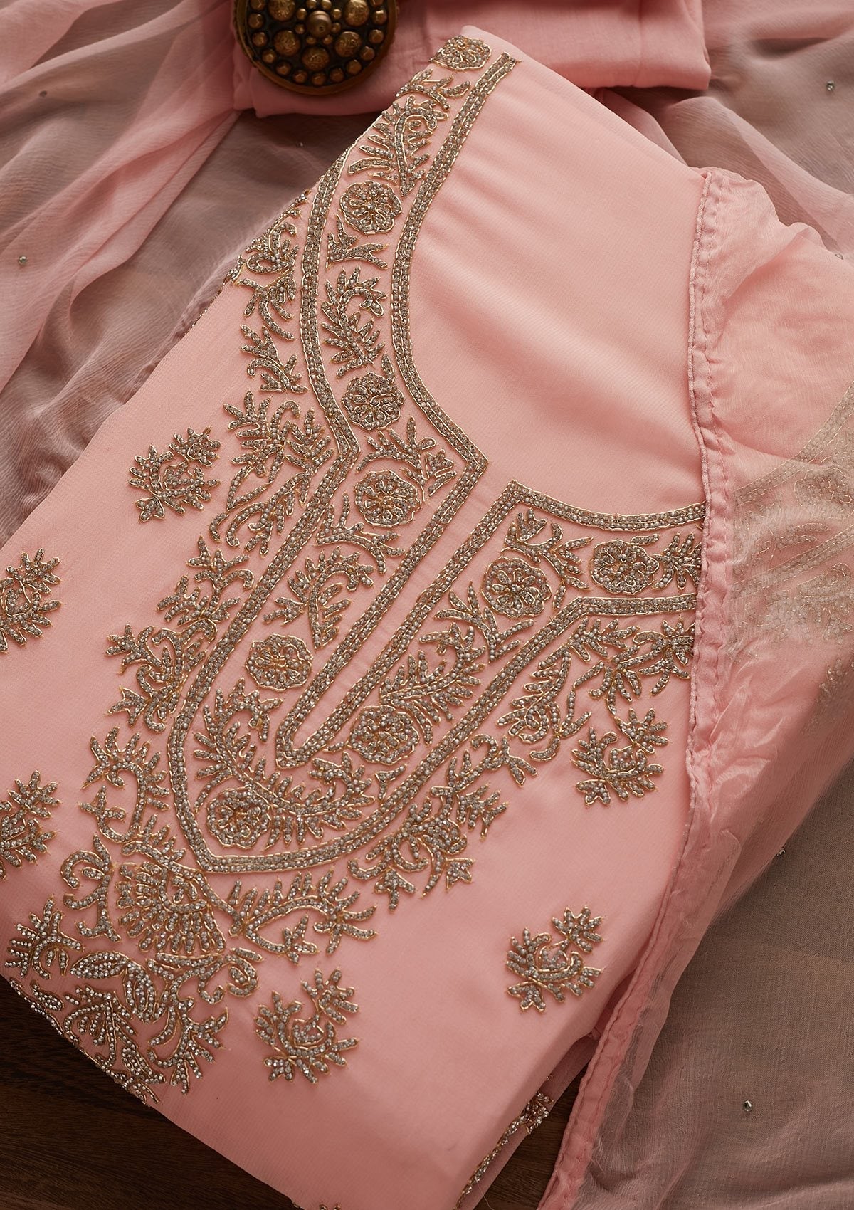 Baby Pink Silver Stonework Georgette Unstitched Salwar Suit - Koskii