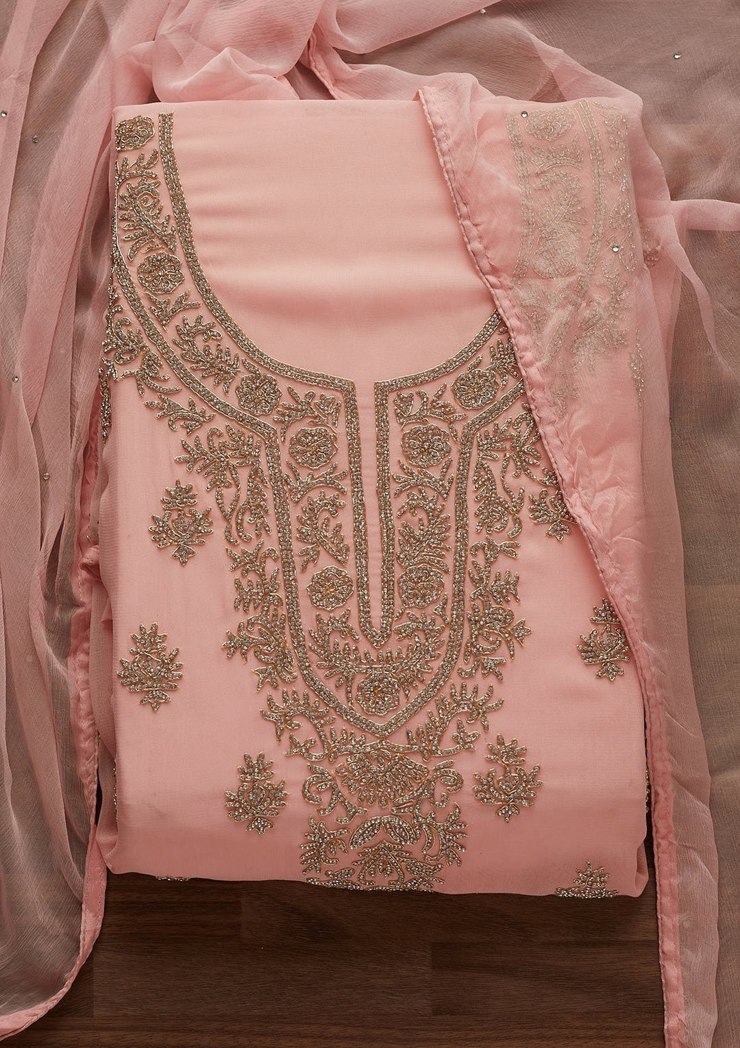 Baby Pink Silver Stonework Georgette Unstitched Salwar Suit - Koskii