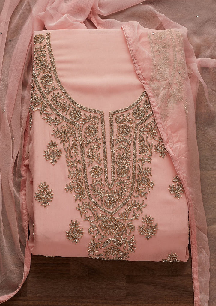Baby Pink Silver Stonework Georgette Unstitched Salwar Suit - Koskii
