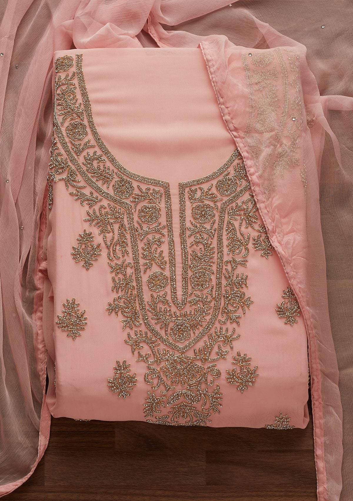 Baby Pink Silver Stonework Georgette Unstitched Salwar Suit - Koskii