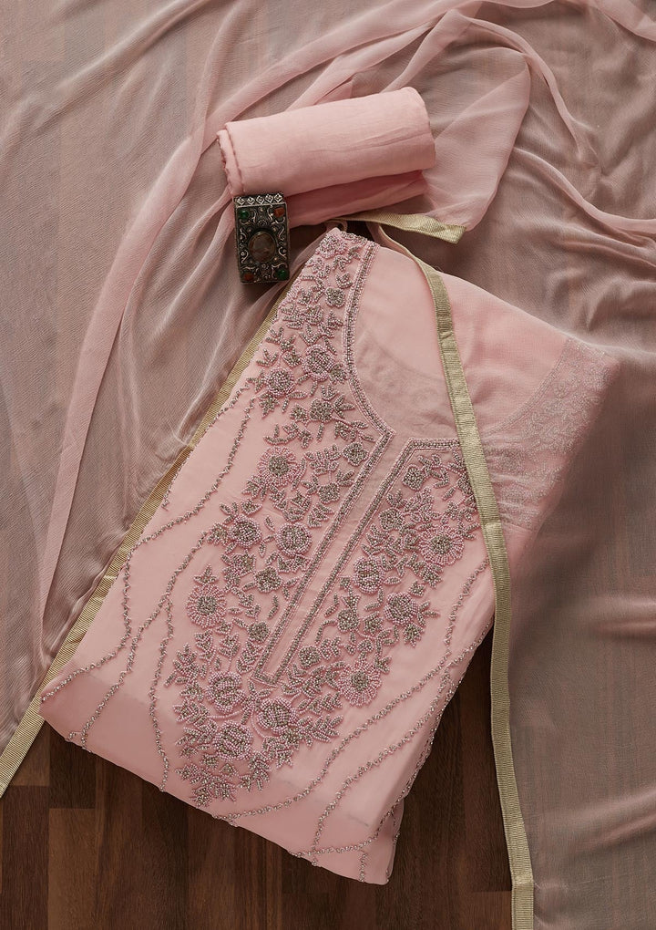 Baby Pink Silver Stonework Georgette Designer Unstitched Salwar Suit - Koskii