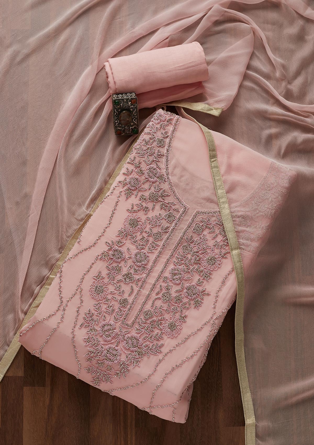 Baby Pink Silver Stonework Georgette Designer Unstitched Salwar Suit - Koskii