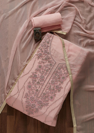 Baby Pink Silver Stonework Georgette Designer Unstitched Salwar Suit - Koskii