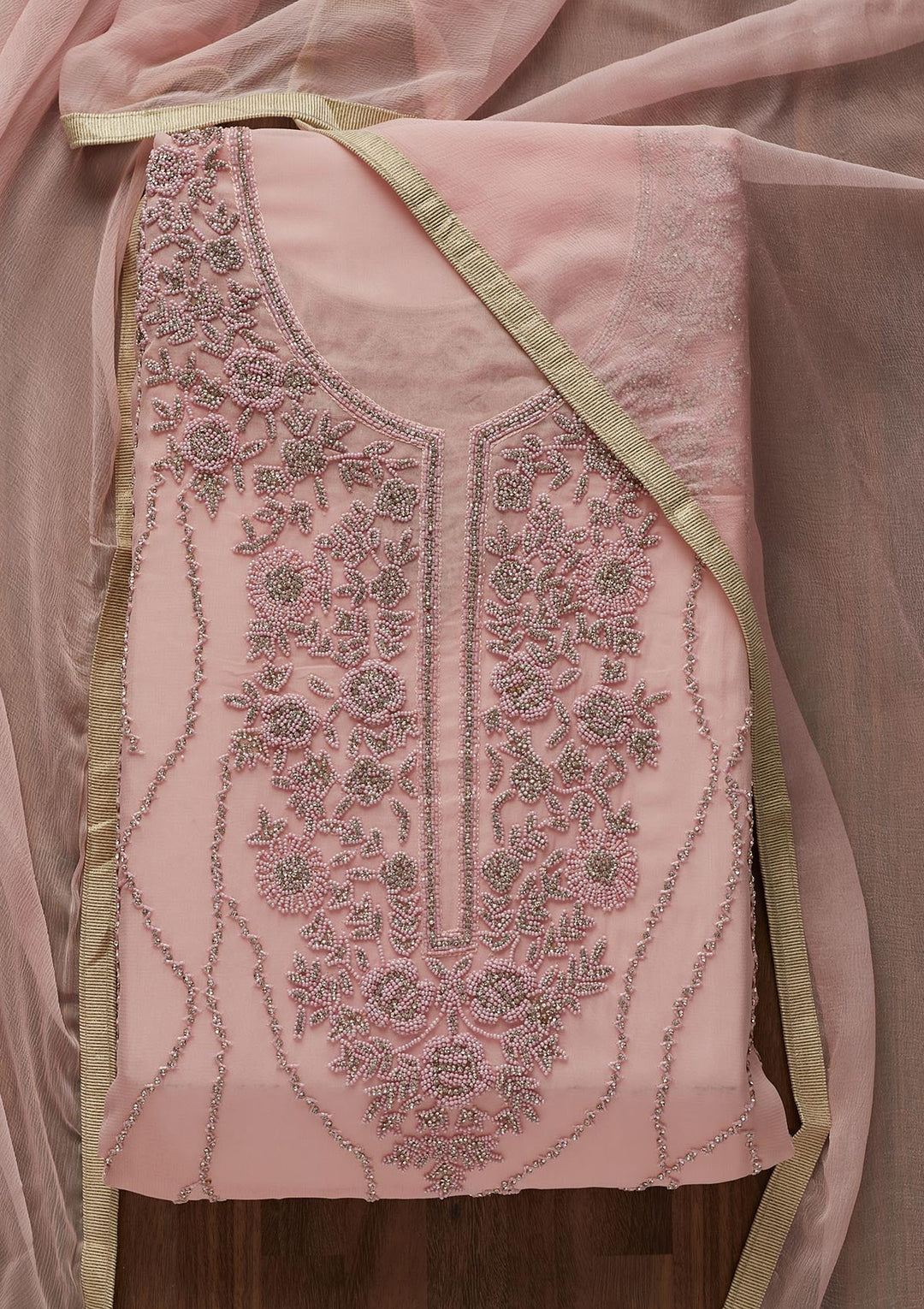 Baby Pink Silver Stonework Georgette Designer Unstitched Salwar Suit - Koskii