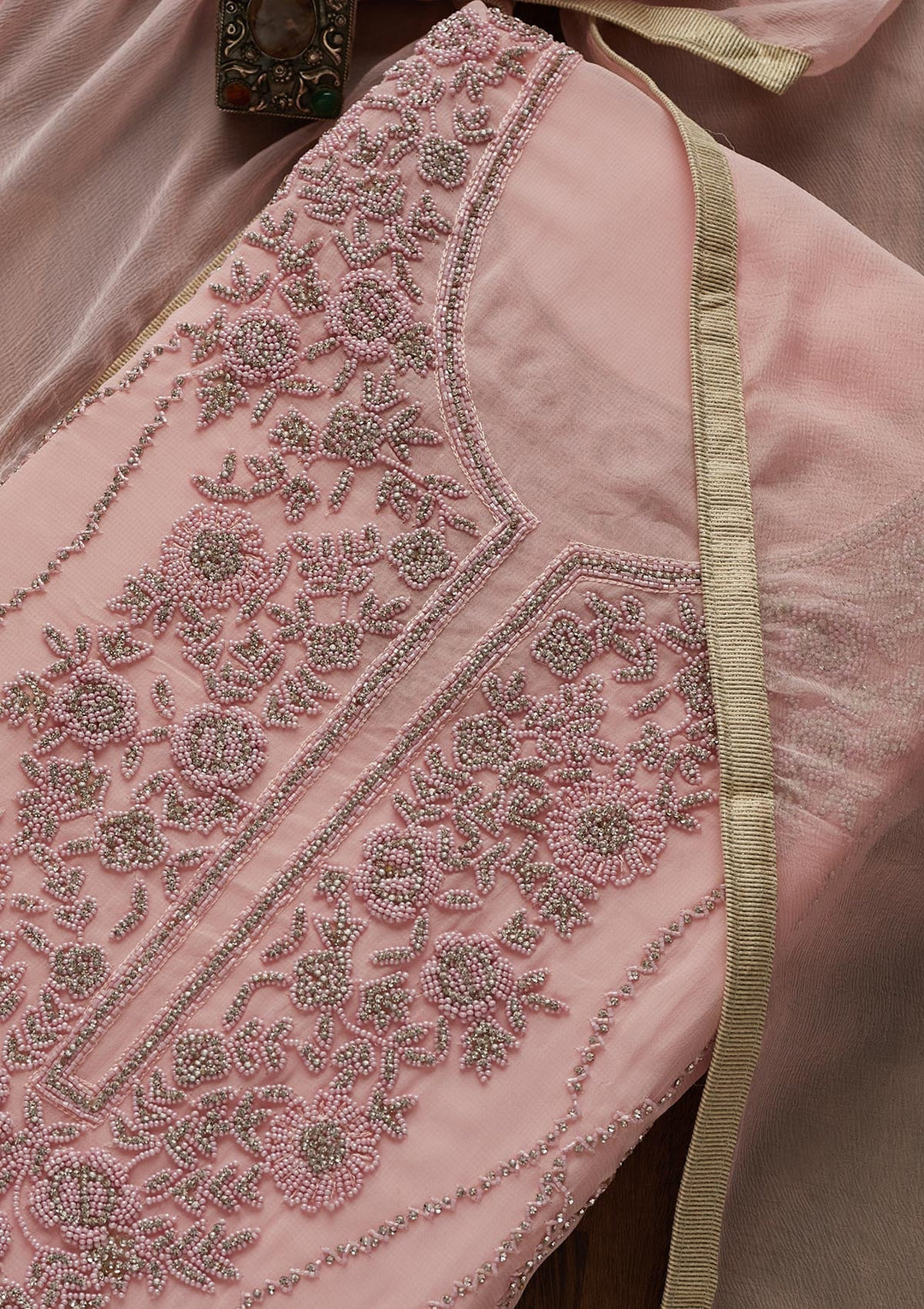 Baby Pink Silver Stonework Georgette Designer Unstitched Salwar Suit - Koskii