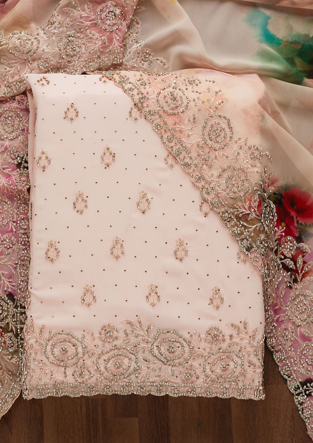 Baby Pink Silver Stonework Georgette Unstitched Salwar Suit-Koskii