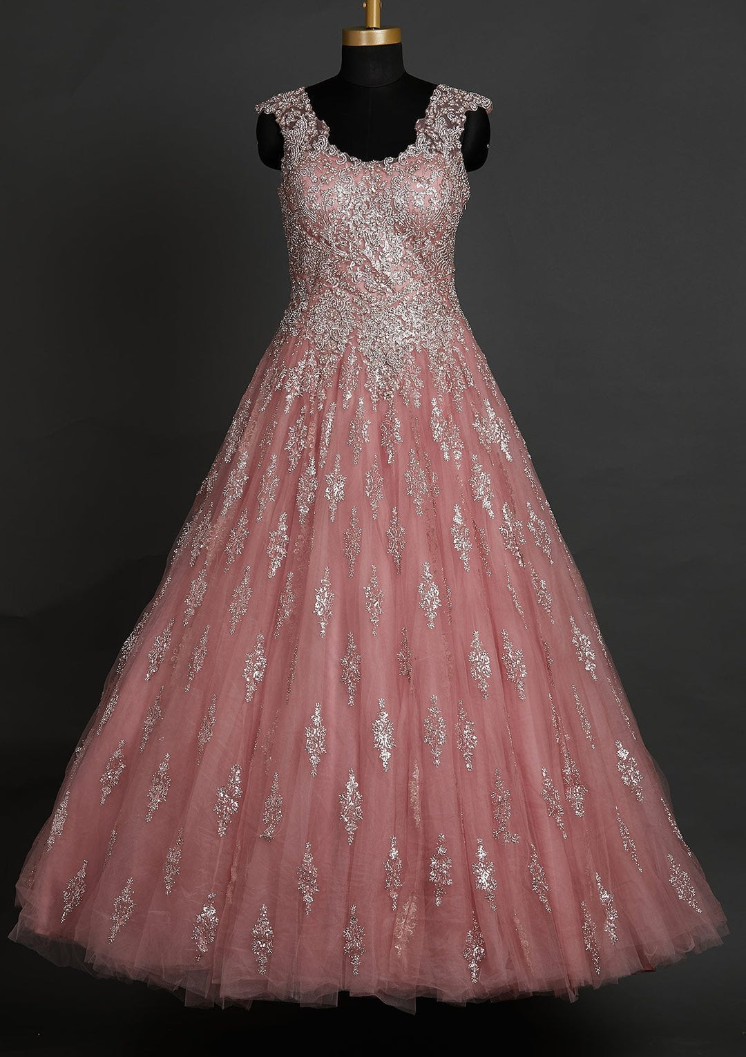 Baby Pink Silver Stonework Net Designer Gown - koskii