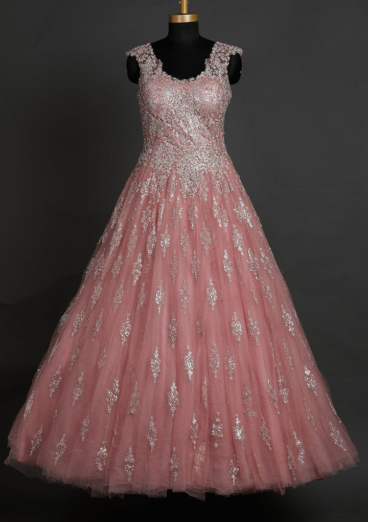 Baby Pink Silver Stonework Net Designer Gown - koskii
