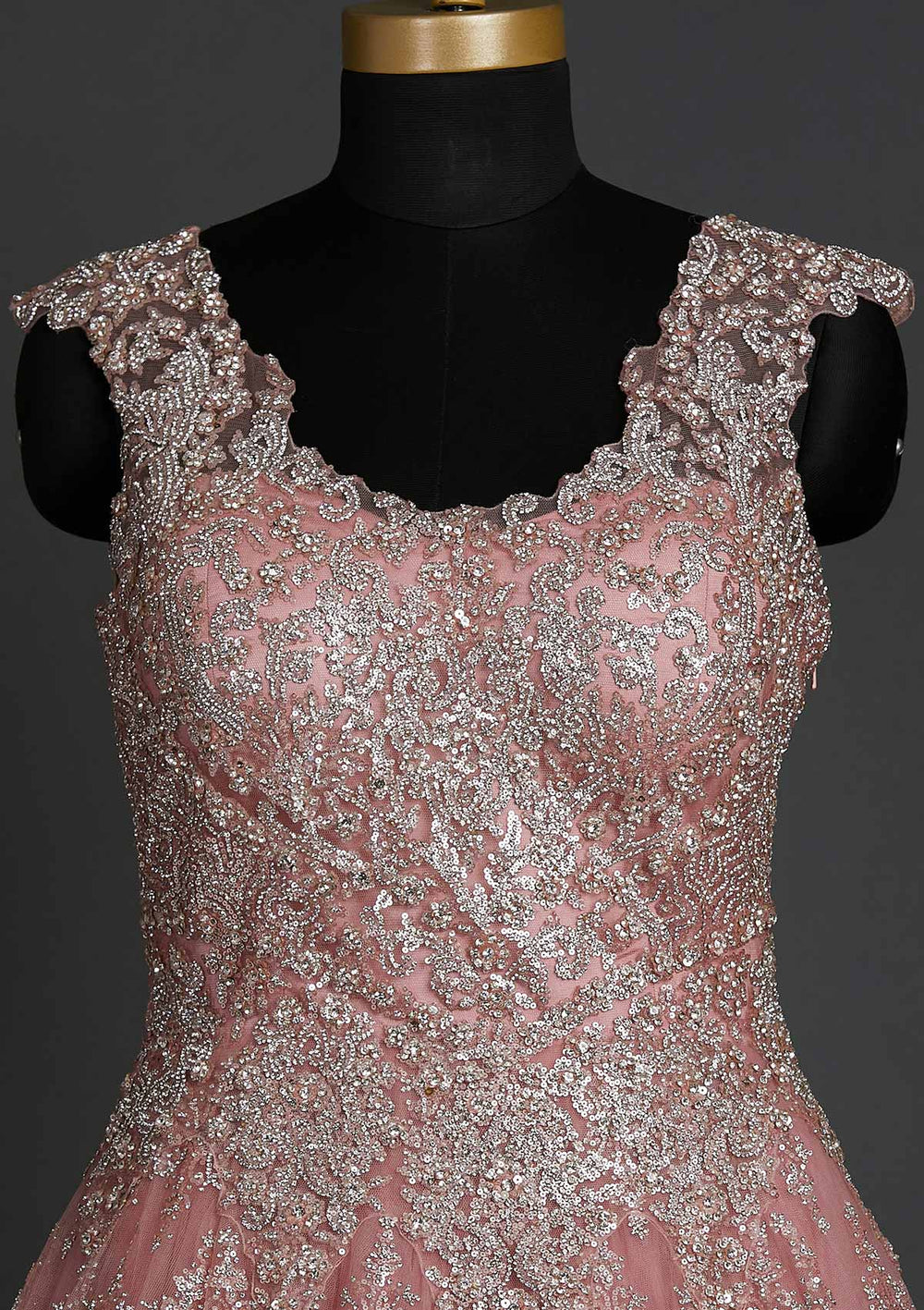 Baby Pink Silver Stonework Net Designer Gown - koskii