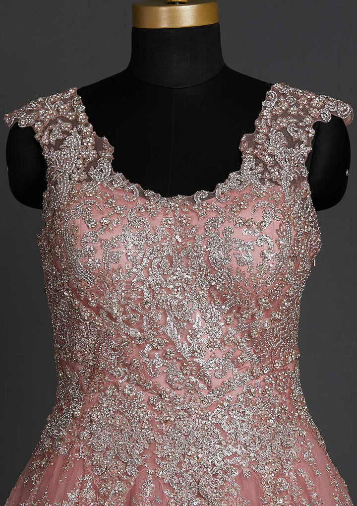 Baby Pink Silver Stonework Net Designer Gown - koskii